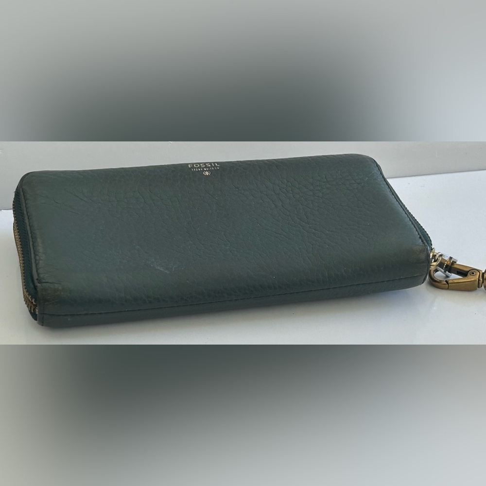 Vintage Fossil Dark Green Leather Zip Around Continental Wallet Wristlet - Picture 8 of 9